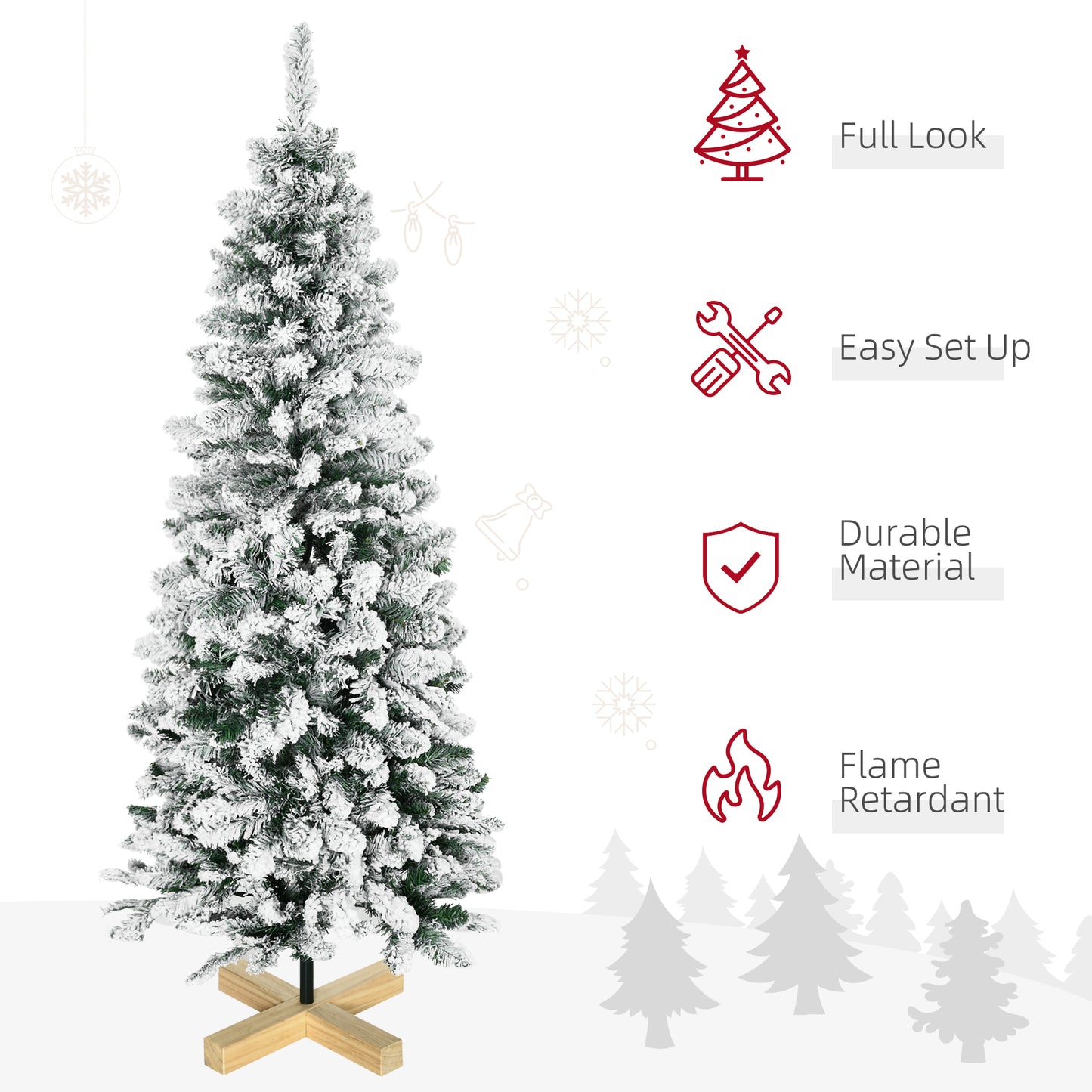 HOMCOM 5 Foot Snow Flocked Artificial Christmas Tree, Xmas Pencil Tree with 426 Realistic Branches, Auto Open, Pinewood Base, Green