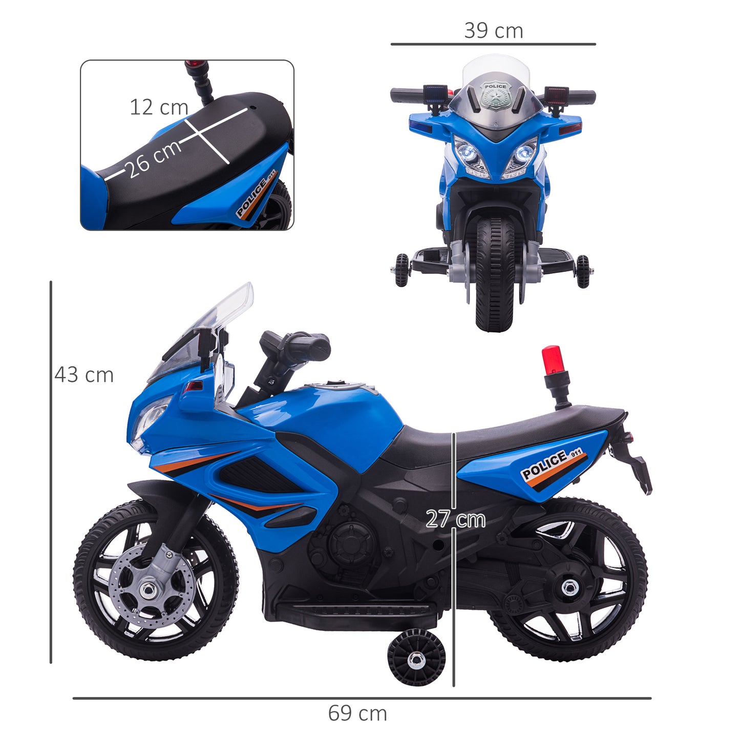 HOMCOM Kids 6V Electric Ride On Motorcycle Police Car Vehicle w/ Lights Horn Realistic Sound Outdoor Play Toy for 18 - 36 months Blue