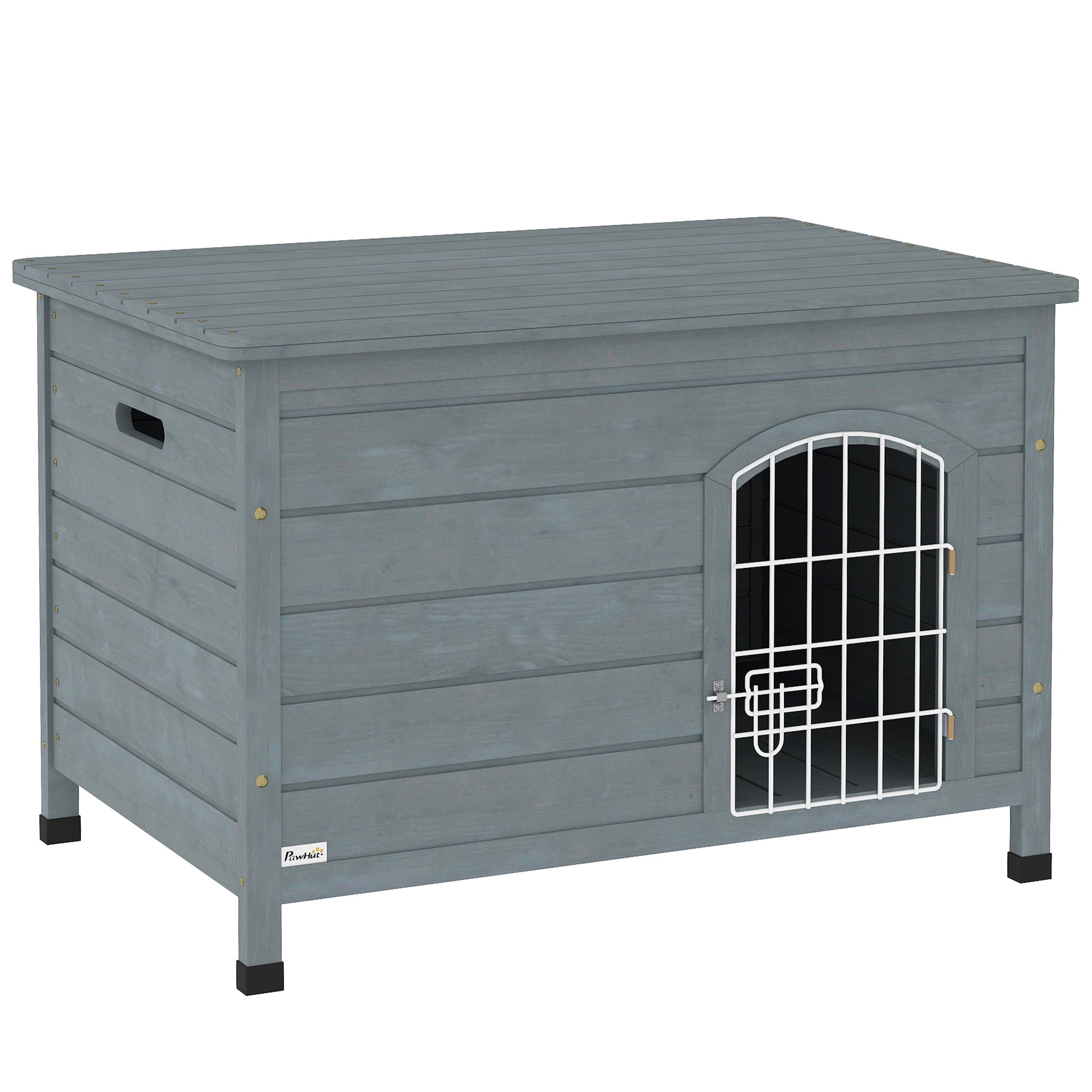 PawHut Wooden Dog House with Removable Bottom, Wire Door, Openable Top, Pet Shelter for Small Dog, 80 x 55 x 53.5cm, Dark Grey