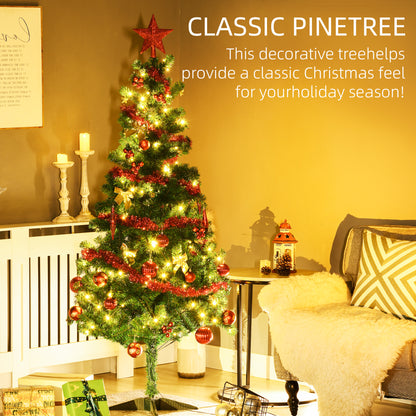 HOMCOM 6' Artificial Prelit Christmas Trees Holiday Décor with Warm White LED Lights, Auto Open, Tinsel, Ball, Star