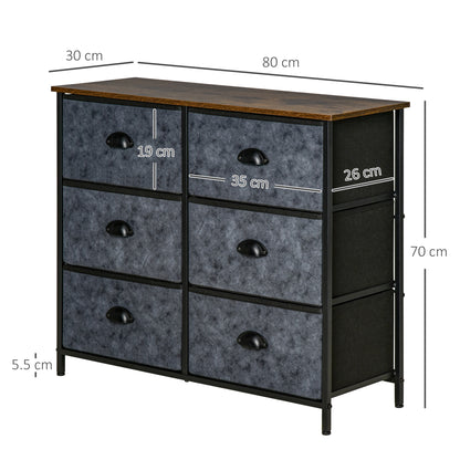 HOMCOM Chest of Drawer Fabric Dresser Storage Cabinet for Bedroom Night Stand with 6 Drawers Steel Frame Handles - Grey and Black