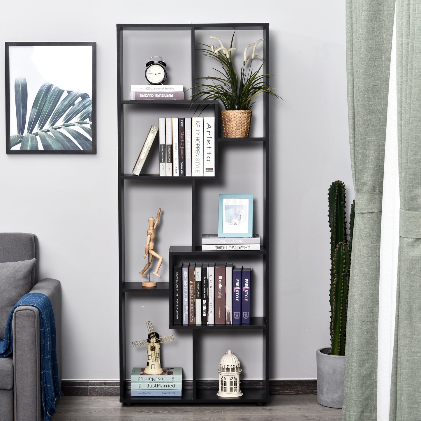HOMCOM 8-Tier Freestanding Bookcase w/ Melamine Surface Anti-Tipping Foot Pads Home Display Storage Grid Stand Modern Style - Black