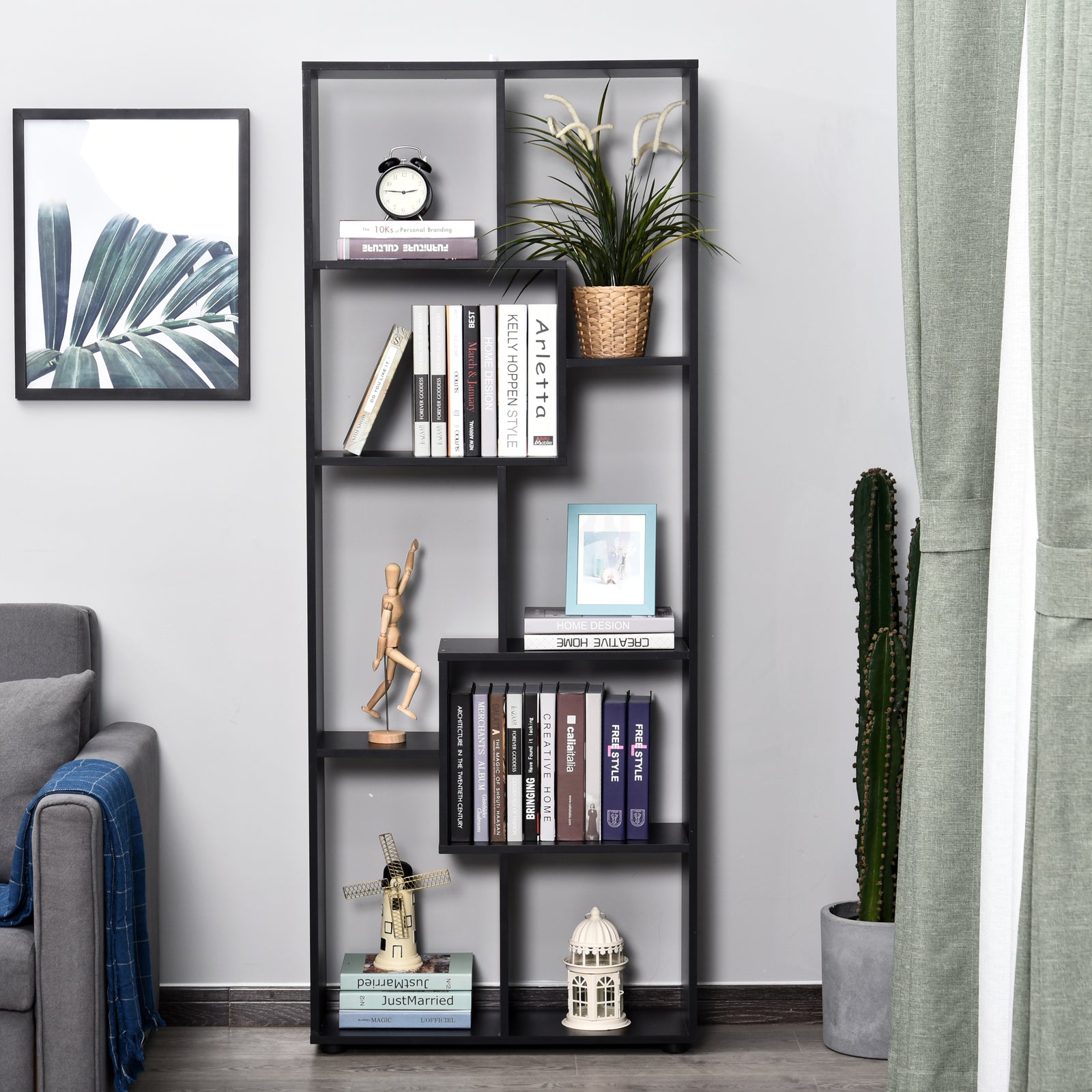 HOMCOM 8-Tier Freestanding Bookcase w/ Melamine Surface Anti-Tipping Foot Pads Home Display Storage Grid Stand Modern Style - Black