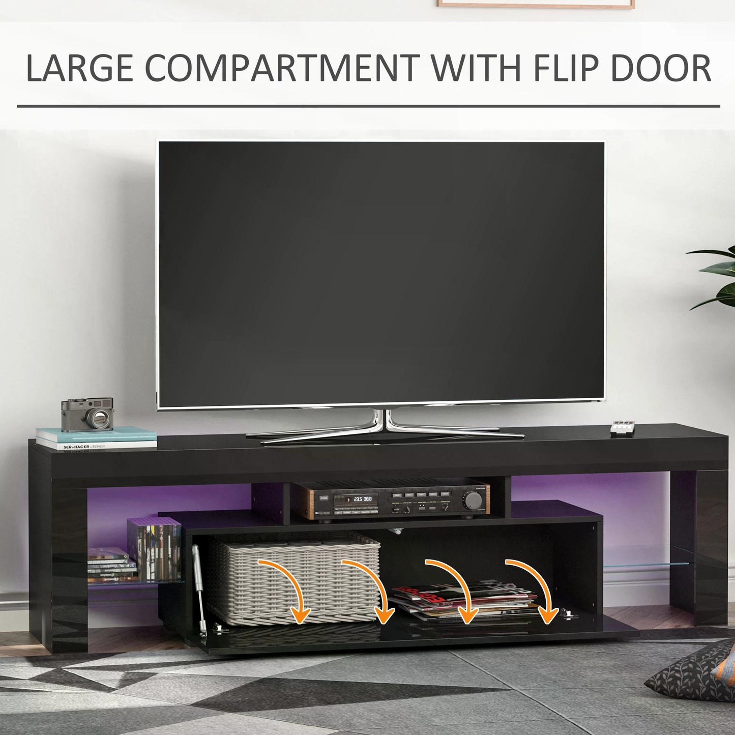 HOMCOM High Gloss TV Stand Cabinet with LED RGB Lights and Remote Control for TVs up to 65", Media TV Console Table with Storage Compartment, Black