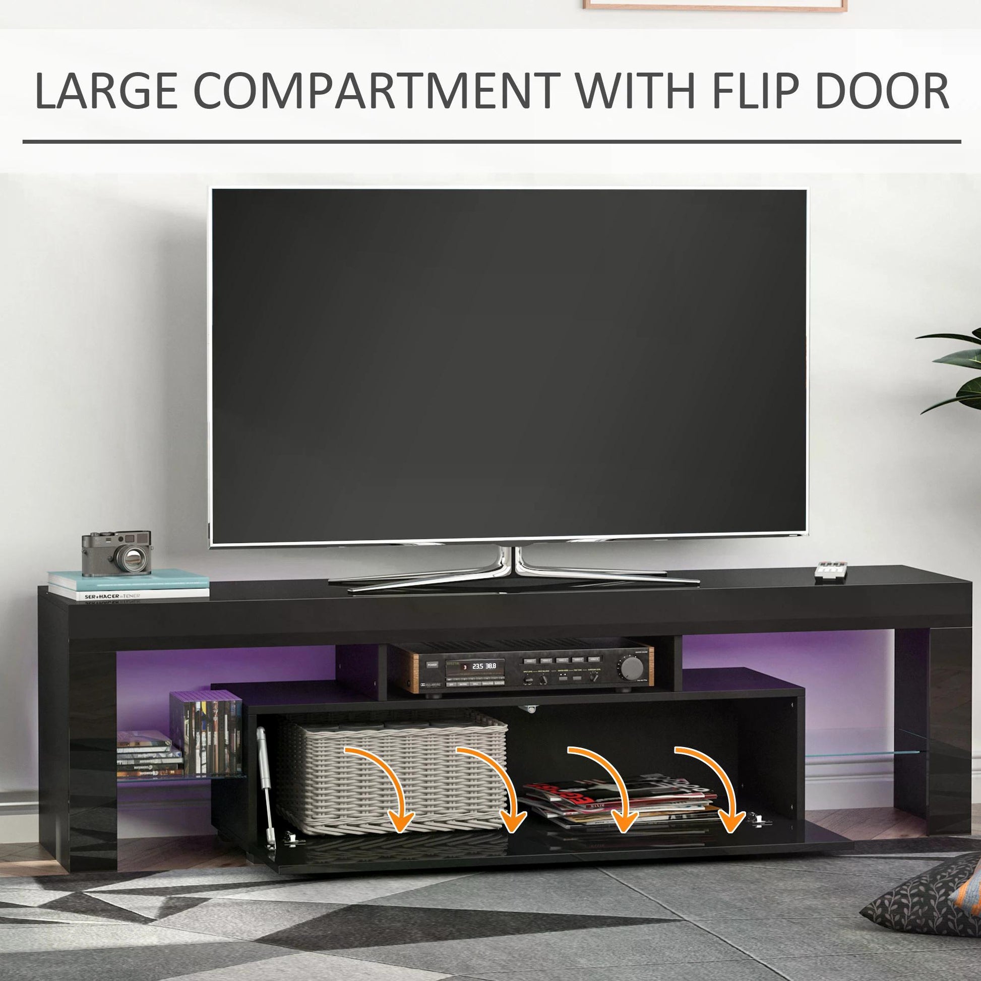 HOMCOM High Gloss TV Stand Cabinet with LED RGB Lights and Remote Control for TVs up to 65", Media TV Console Table with Storage Compartment, Black