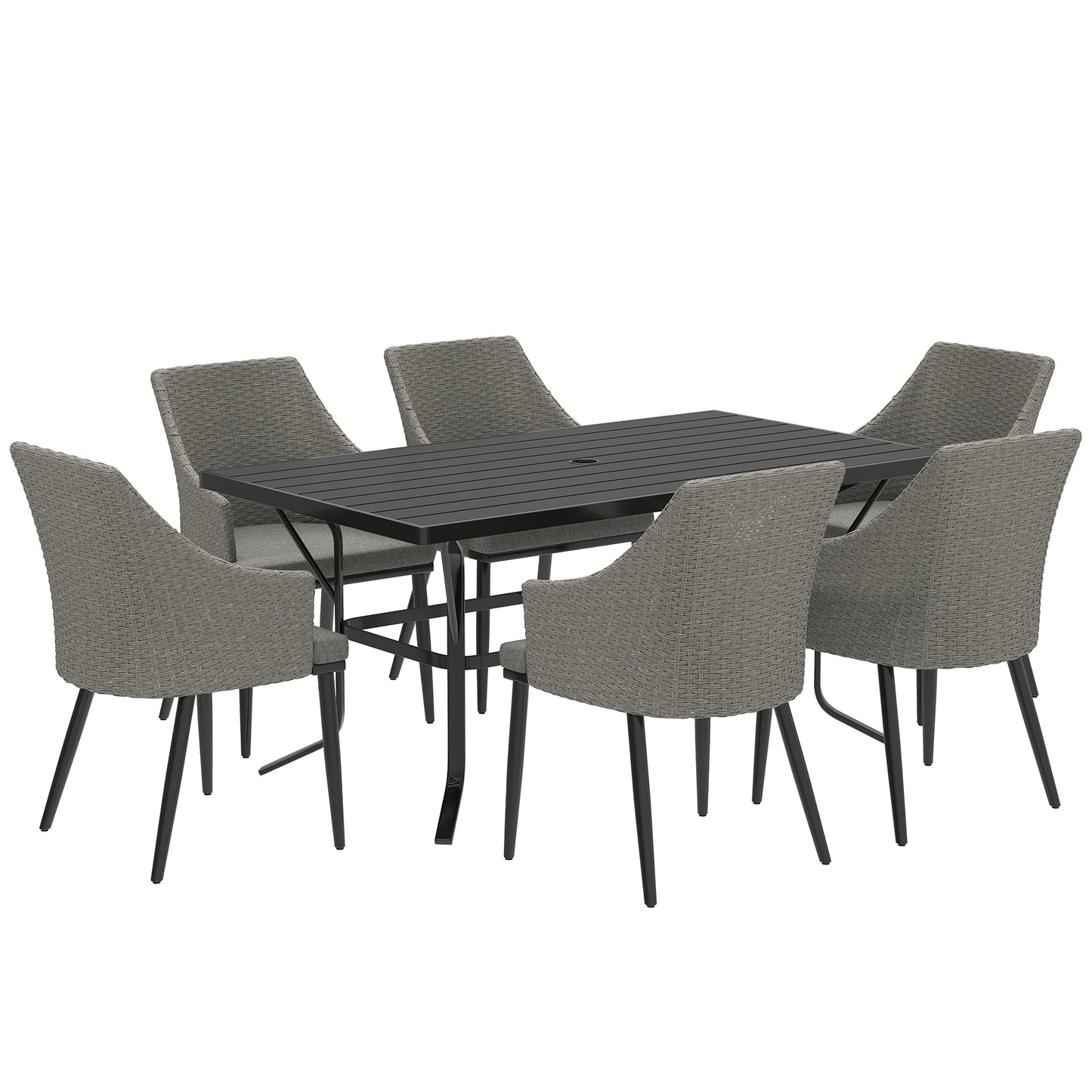Outsunny 6 Seater Rattan Dining Set with Cushions, Garden Furniture Set with Armchairs, Rectangle Slatted Table Top, Steel Frame, Parasol Hole, Wicker Outdoor Furniture for Patio, Balcony, Grey