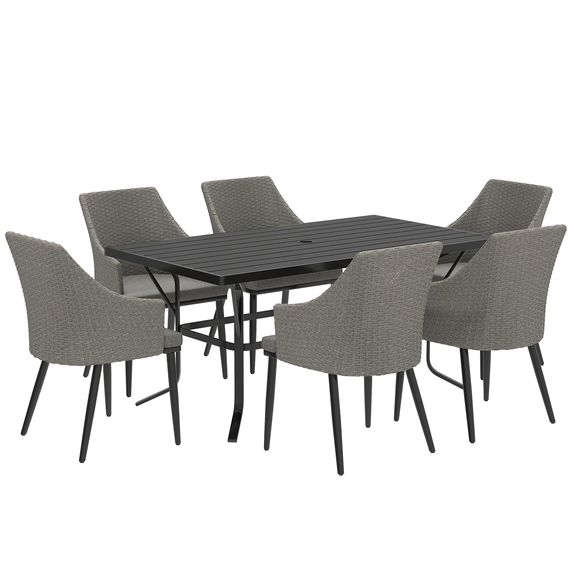 Outsunny 6 Seater Rattan Dining Set with Cushions, Garden Furniture Set with Armchairs, Rectangle Slatted Table Top, Steel Frame, Parasol Hole, Wicker Outdoor Furniture for Patio, Balcony, Grey