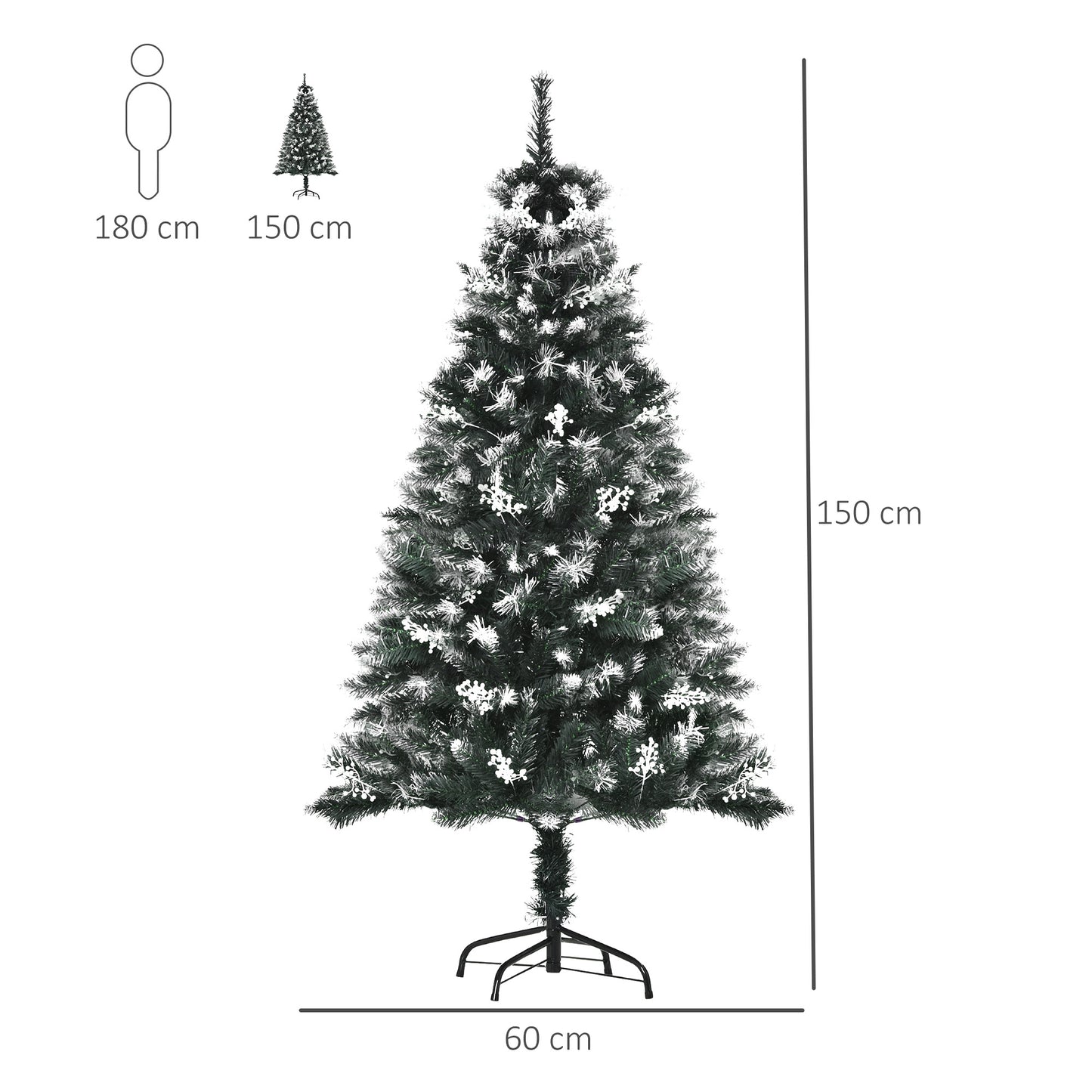 HOMCOM 5FT Artificial Snow Dipped Christmas Tree Xmas Pencil Tree Holiday Home Indoor Decoration with Foldable Feet White Berries Dark Green