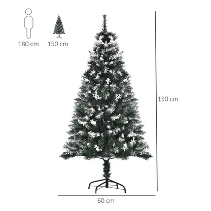 HOMCOM 5FT Artificial Snow Dipped Christmas Tree Xmas Pencil Tree Holiday Home Indoor Decoration with Foldable Feet White Berries Dark Green