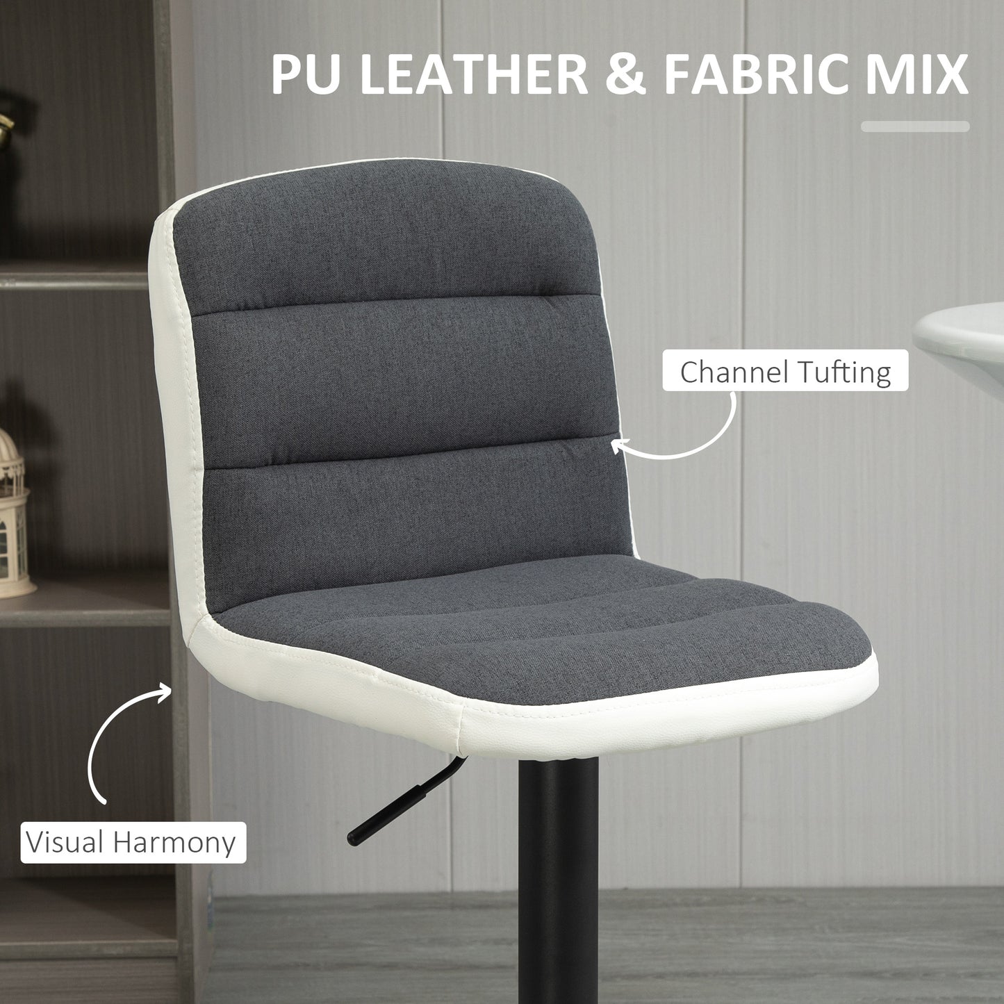 HOMCOM Bar stool Set of 2 Armless Adjustable Height Upholstered Bar Chair with Swivel Seat, Dark Grey