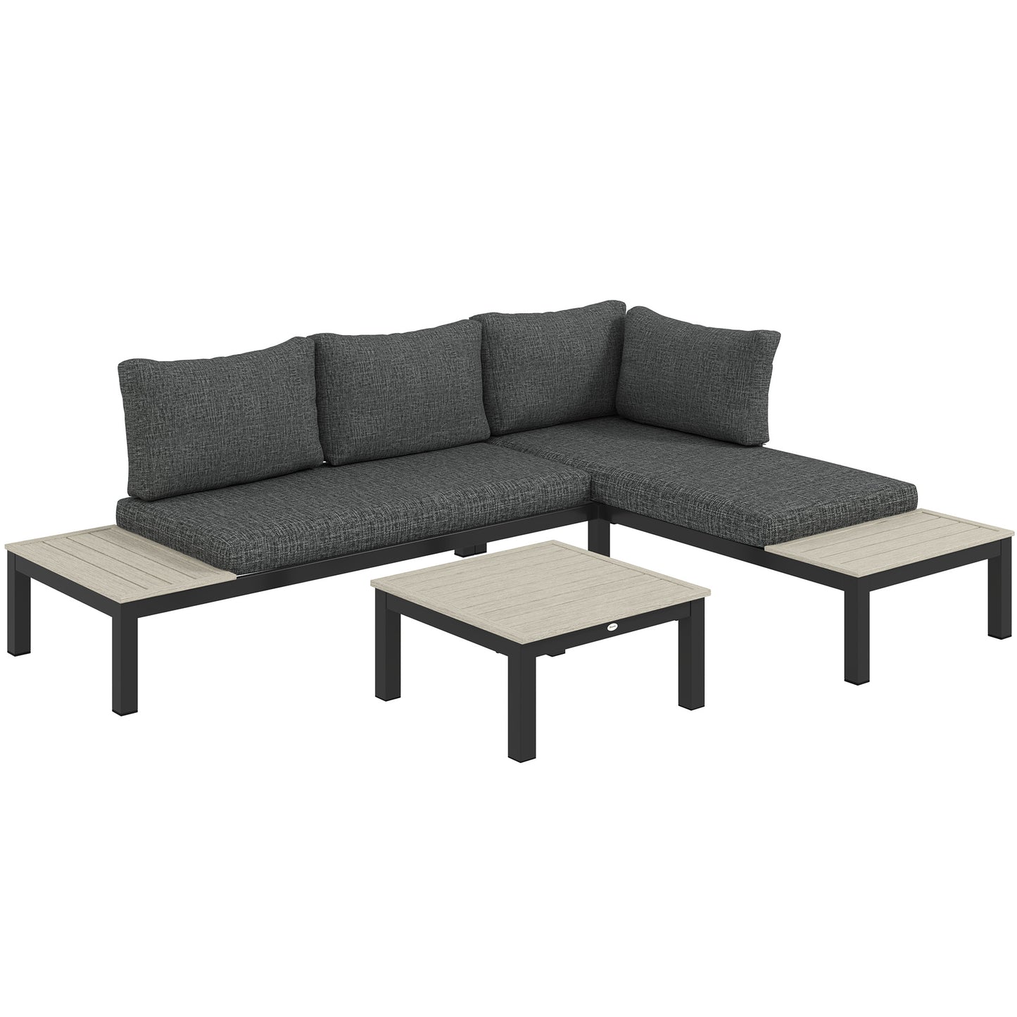 Outsunny 3 Pieces Garden Furniture Set, Aluminium 4 Seater Corner Sofa Set with 2 Loveseats, Coffee Table and Side Trays, Outdoor Conversation Furniture with Cushions for Garden, Dark Grey