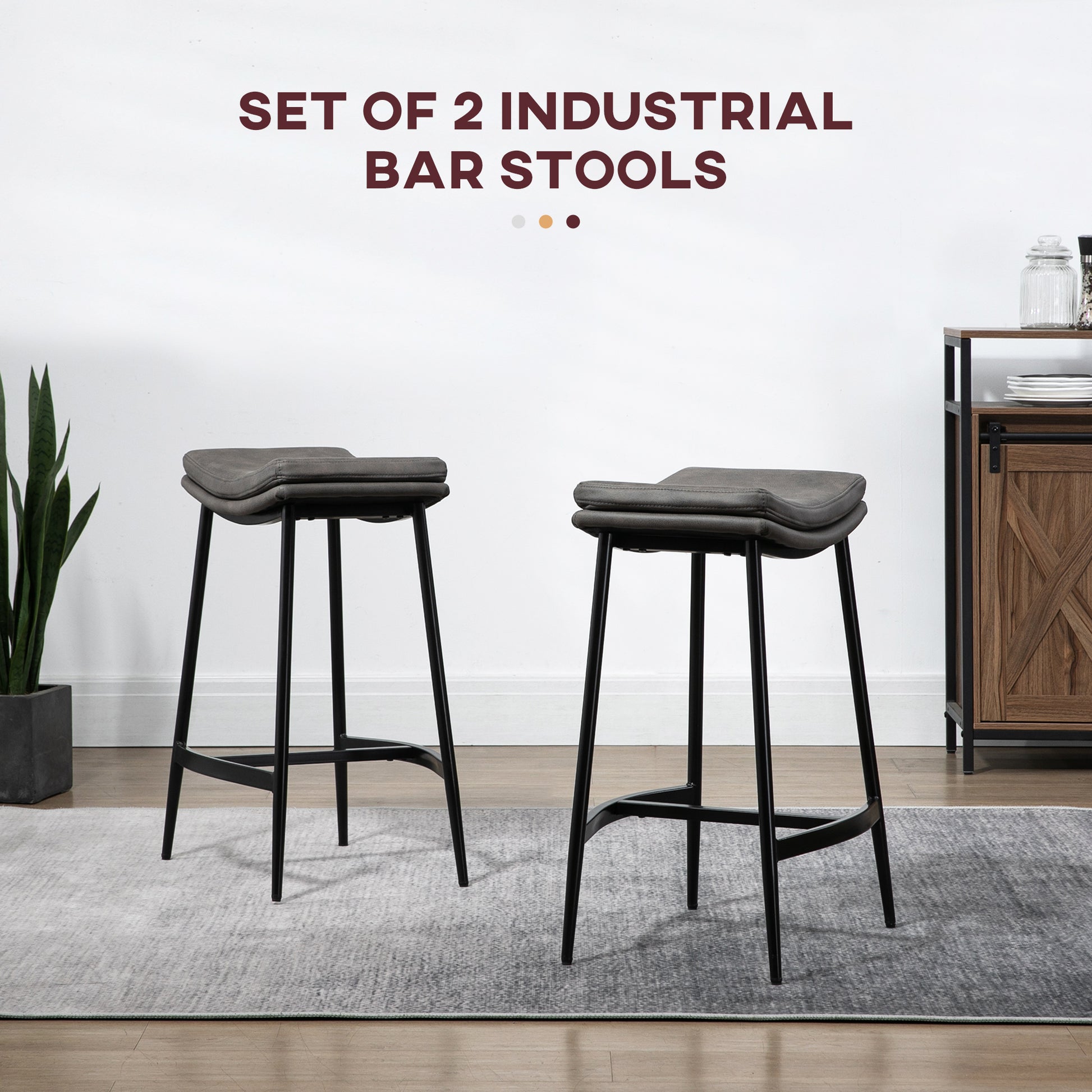HOMCOM Kitchen Stools Set of 2, Microfibre Upholstered Barstools, Industrial Bar Chairs with Curved Seat and Steel Frame