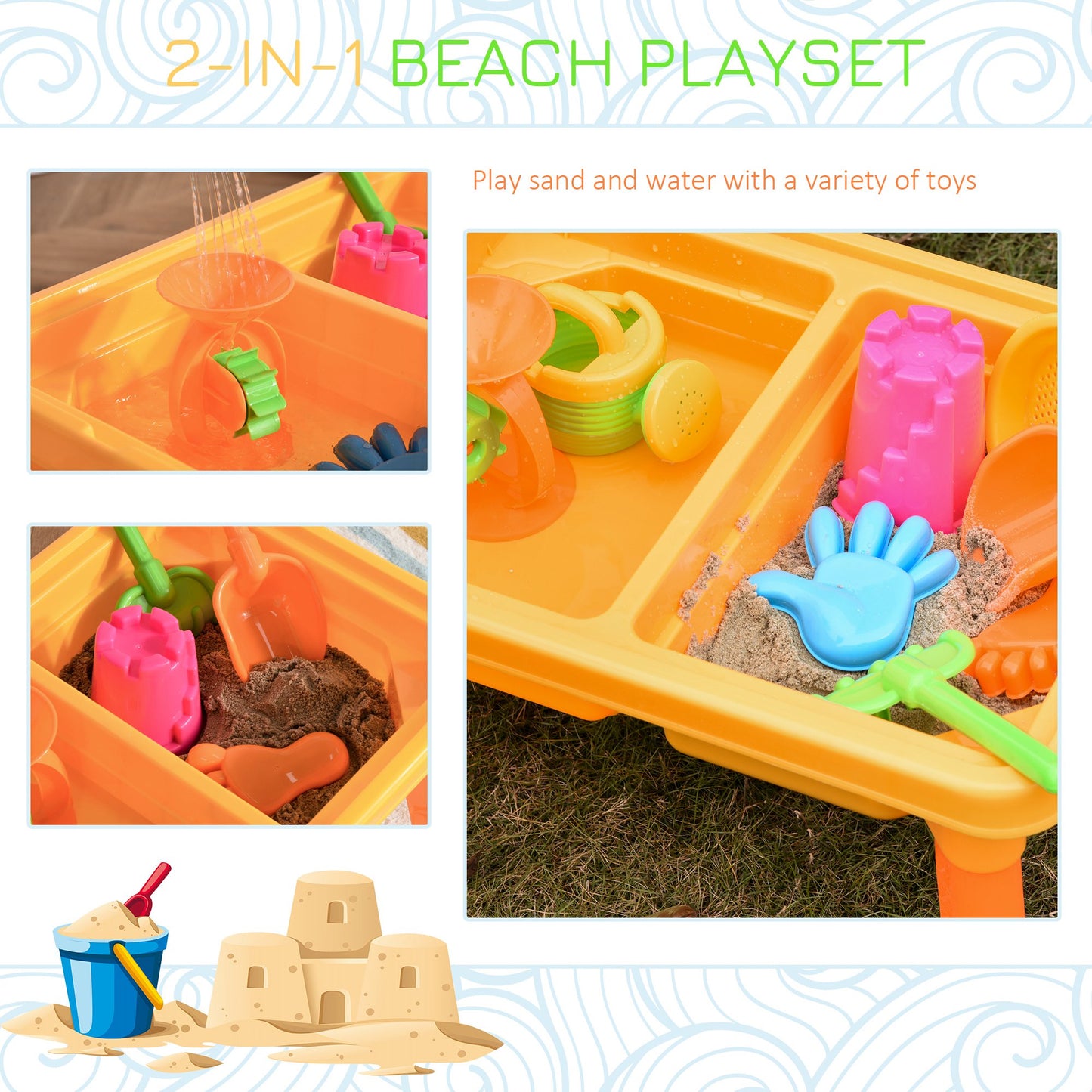 HOMCOM Sand and Water Table Beach Toy Set 2 in 1 Outdoor Activities Playset for Kids with Lid and Accessories Double Compartment Sandpit Sandbox