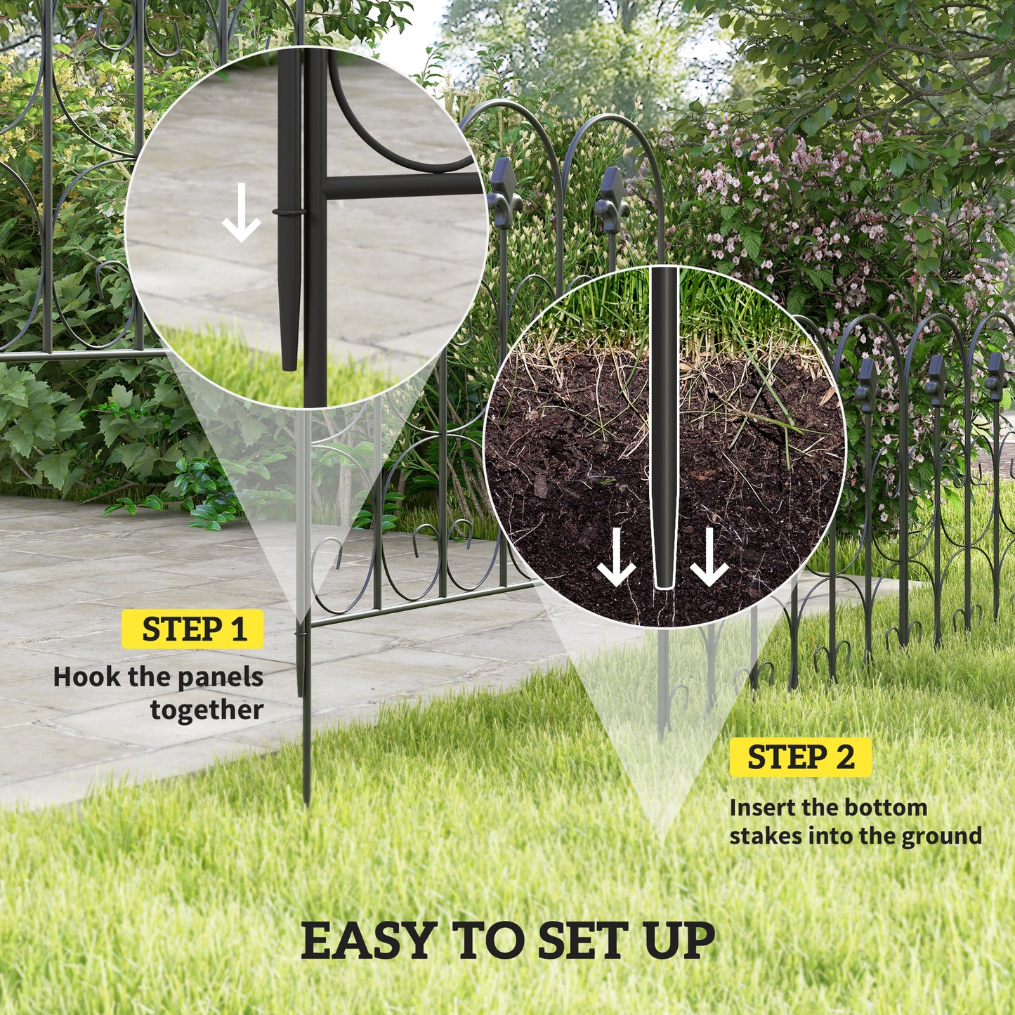 Outsunny Decorative Garden Fencing, 83cm (H) x 3m (L) 5PCs Outdoor Picket Fence Panels, Rustproof Metal Wire Landscape Flower Bed Border Edging Animal Barrier, Black