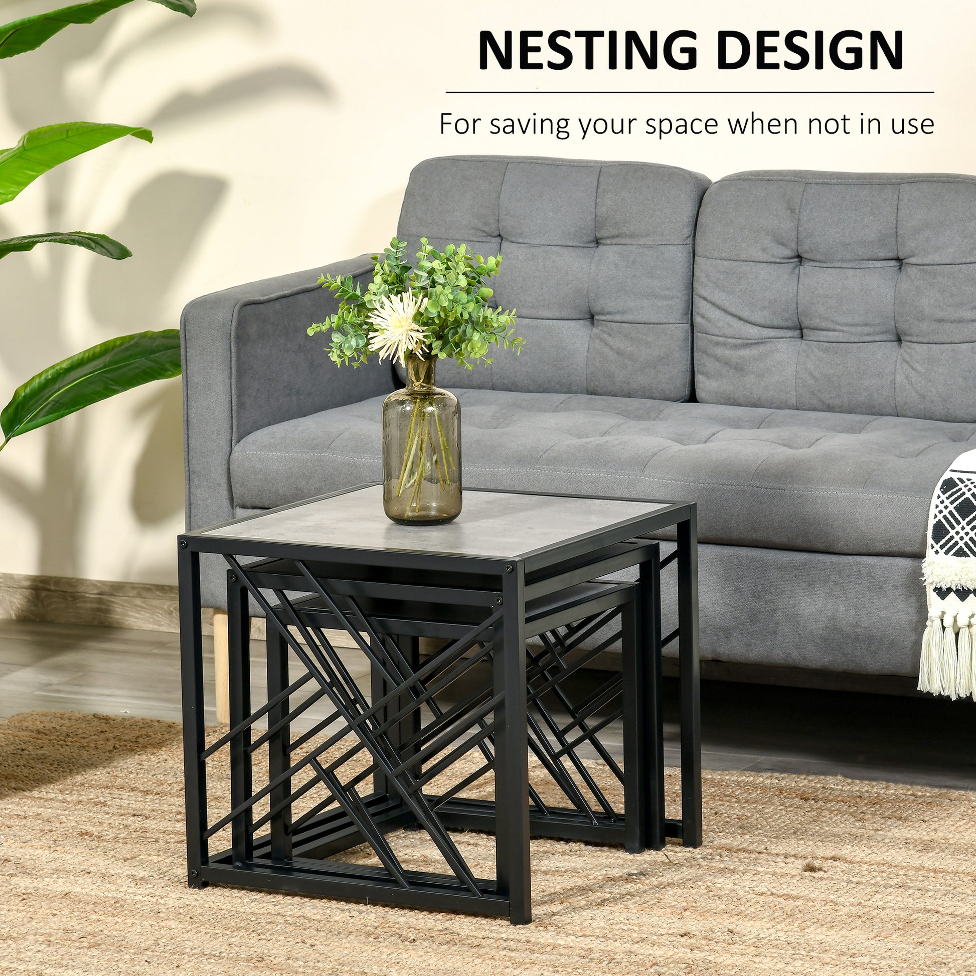 HOMCOM Set of 3 Nest of Tables, Square Side Tables with Black Metal Frame, for Living Room, Bedroom and Office, Grey