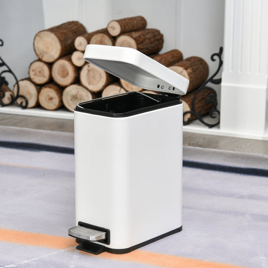 HOMCOM 5L Rectangular Compact Bin Steel Body Removable Bucket Quiet-Close Lid w/ Pedal Lid Rubbish Trash Can Garbage Tidy Clean White