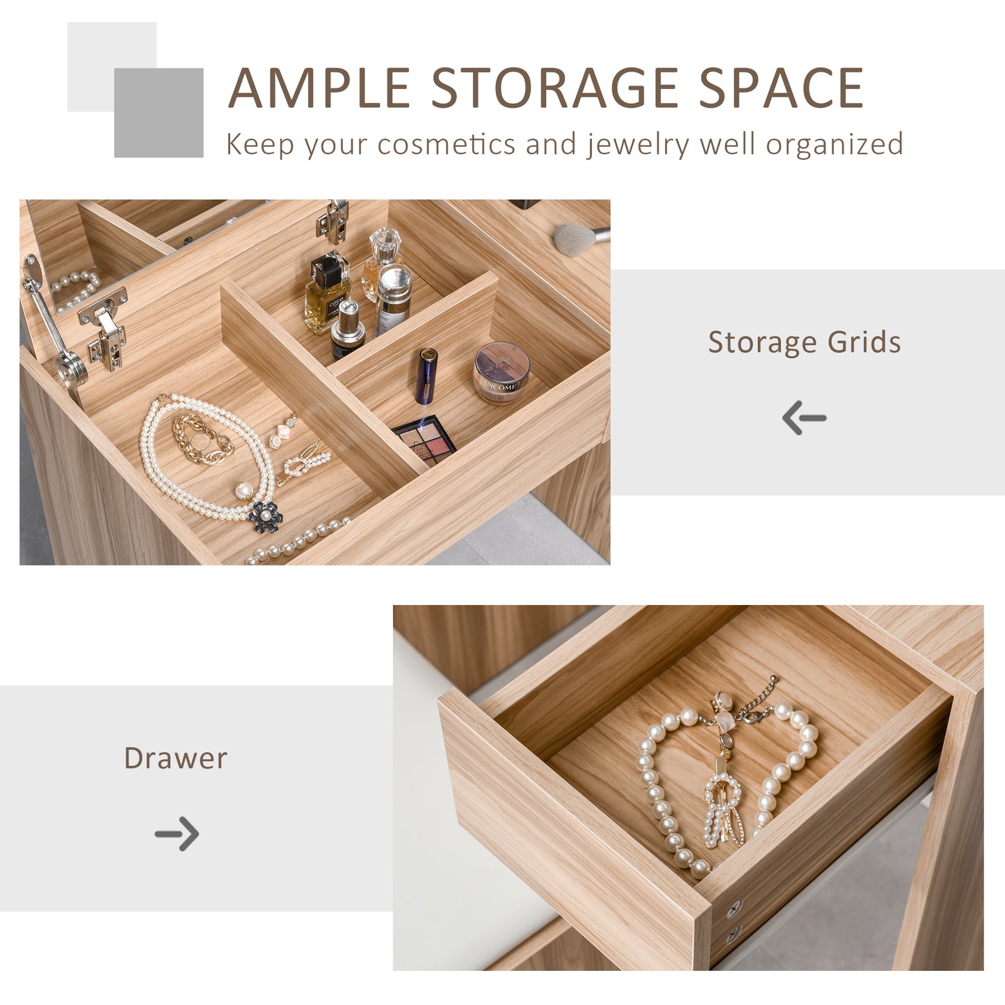HOMCOM Chipboard Dressing Table Set Cushioned Stool Flip-up Mirror Drawer Wood Grain Colour