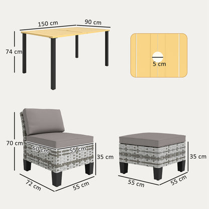 Outsunny 7-Piece Rattan Garden Dining Set, 6 Seater Wicker Garden Furniture Set with Seat and Back Cushions, Umbrella Hole, Patio Table and Chairs with Slatted Metal Top Table for Balcony, Grey