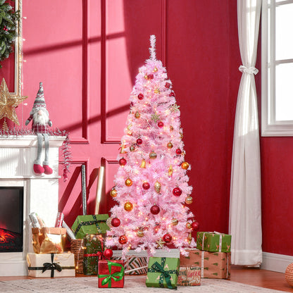 HOMCOM 7' Tall Prelit Pencil Slim Artificial Christmas Tree with Realistic Branches, 350 Warm White LED Lights and 818 Tips, Xmas Decoration, Pink
