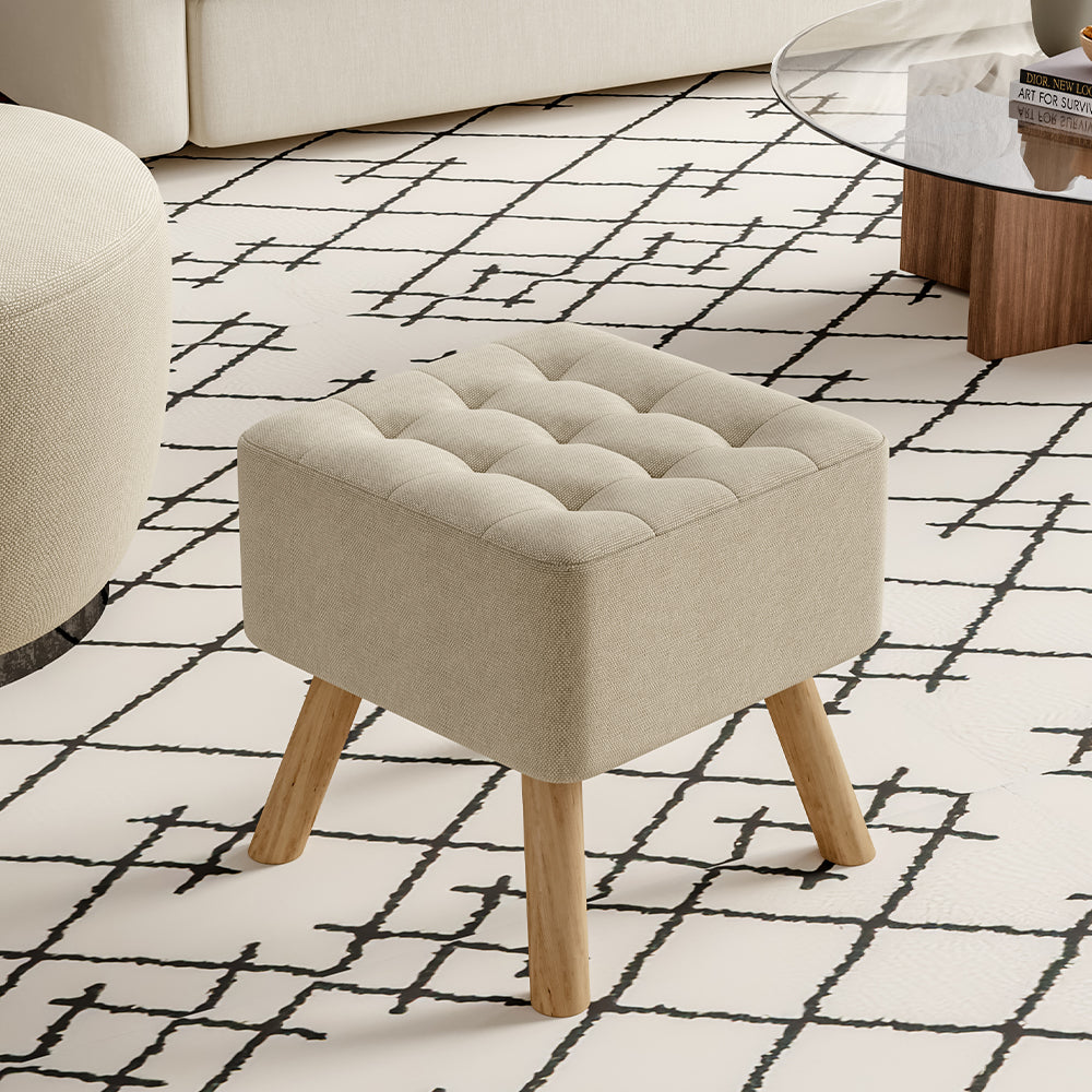 Linen Fabric Square Padded Footstool Footrest With Wooden Legs