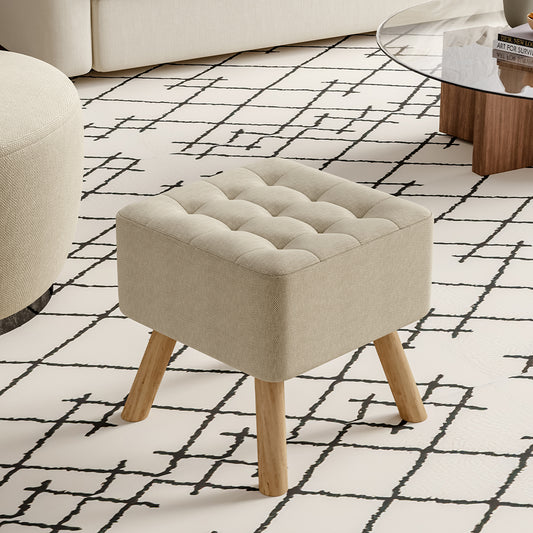 Linen Fabric Square Padded Footstool Footrest With Wooden Legs