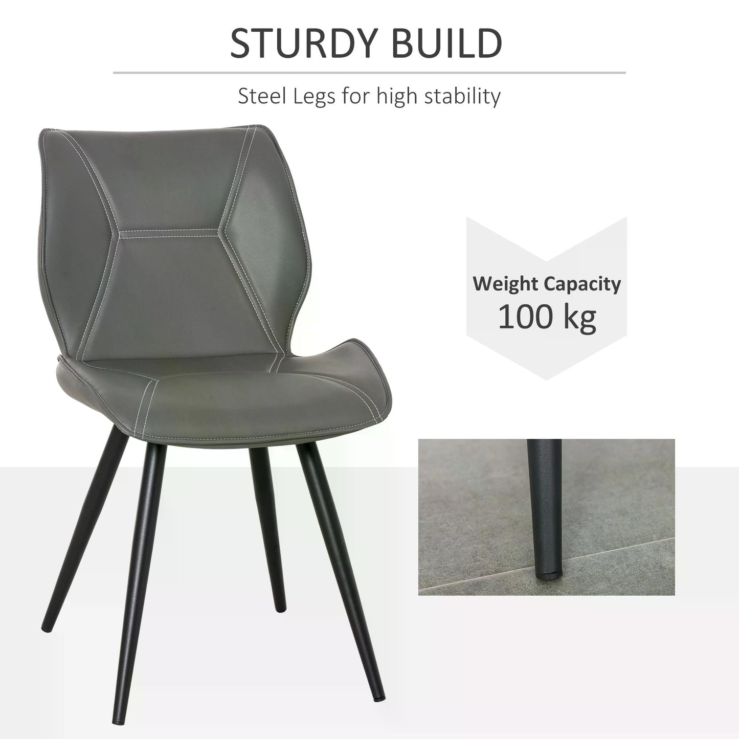 HOMCOM Set of 2 Contrast Stitched PU Leather Racing-Style Dining Chairs Accent Seat w/ Steel Legs Ergonomic Back Padding Home Living Room Grey