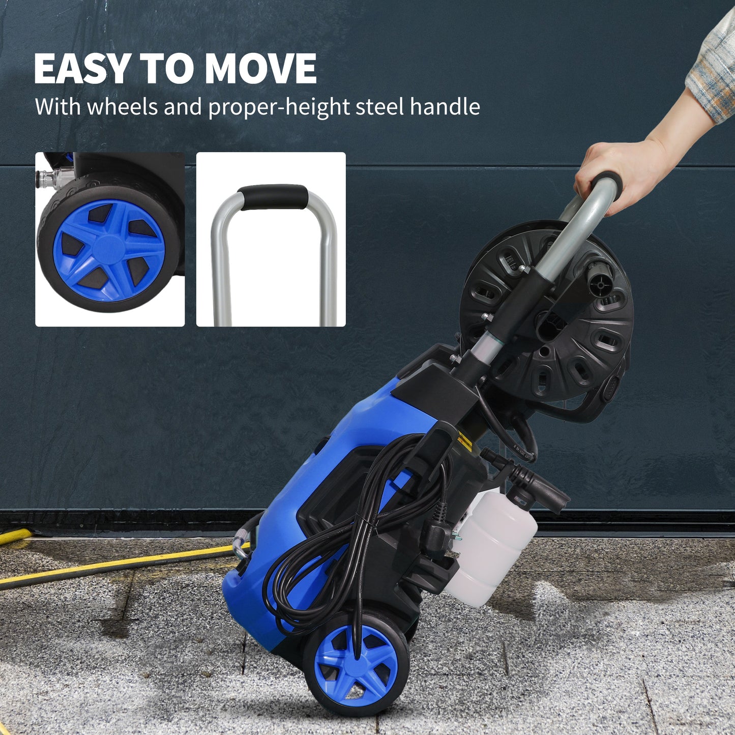 Outsunny 1800W High Pressure Washer, 150 Bar Pressure, 420 L/h Flow, Portable Power Washer Jet Wash Cleaner with Adjustable Nozzle, 6M Hose, Hose Reel, Steel Handle for Home Patio Car Driveway, Blue