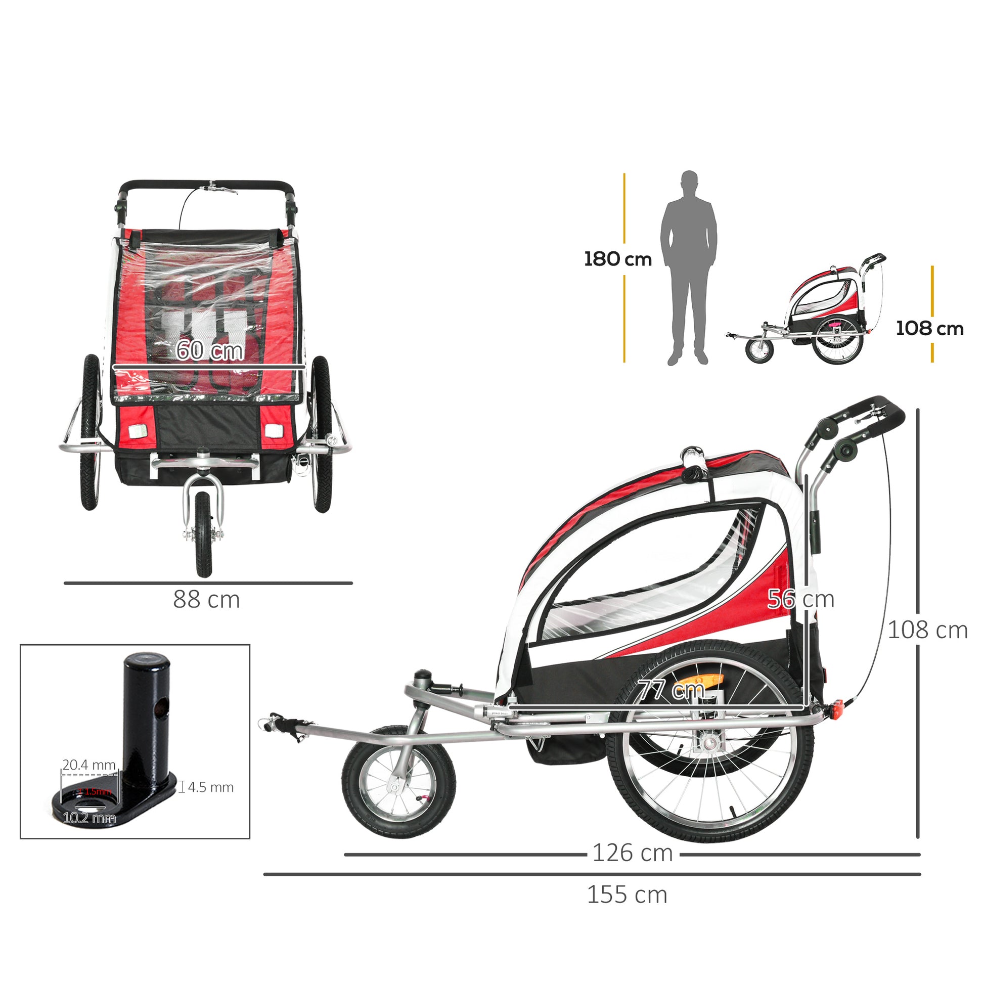 HOMCOM Child Bike Trailer Baby Bicycle Trailer 360° Rotatable for 2 Kids with Steel Frame LED Red