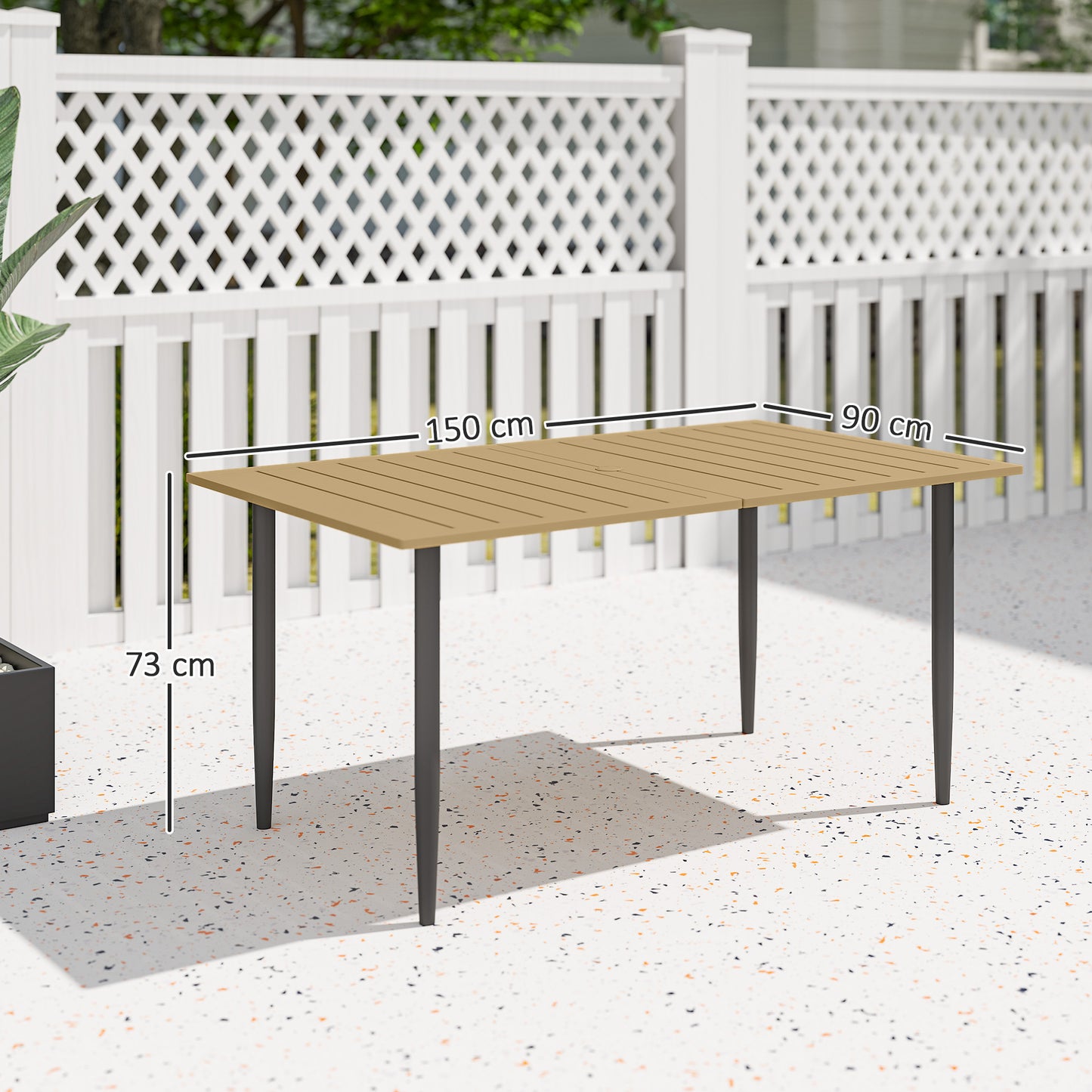 Outsunny Garden Dining Table for 6 Person, Rectangle Outdoor Coffee Table with 5 cm Parasol Hole, Slatted Tabletop and Steel Frame for Patio Balcony, Brown