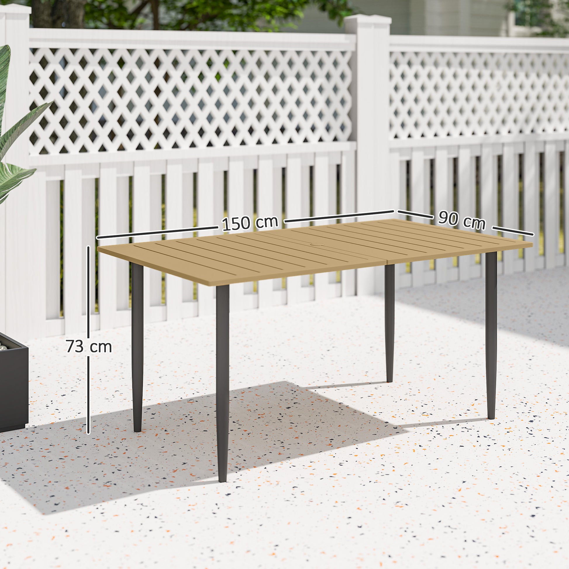 Outsunny Garden Dining Table for 6 Person, Rectangle Outdoor Coffee Table with 5 cm Parasol Hole, Slatted Tabletop and Steel Frame for Patio Balcony, Brown