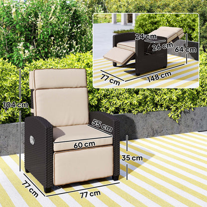 Outsunny 145° Reclining Rattan Armchair, with Footrest - Brown/Khaki