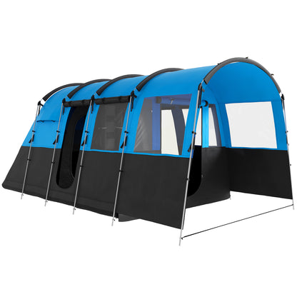 Outsunny 8-Person Camping Tent, Waterproof Family Tent, Tunnel Design, 4 Large Windows, Sleeping Cabins 3000mm Water Column Blue