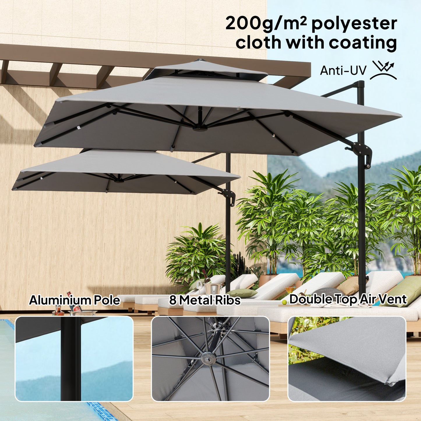 Outsunny 3 x 3(m) Cantilever Parasol with Aluminium Frame, Crank and Tilt, 360-Degree Rotation, Double Top Garden Umbrella with Base and Cover, Light Grey