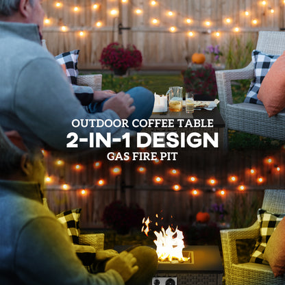 Outsunny Rattan Gas Fire Pit Table for Garden, 13 KW Smokeless Propane Fire Pit with Lid, Square Garden Coffee Table with Patio Heater for Outdoor, Patio, 58 x 58 x 33 cm, Grey