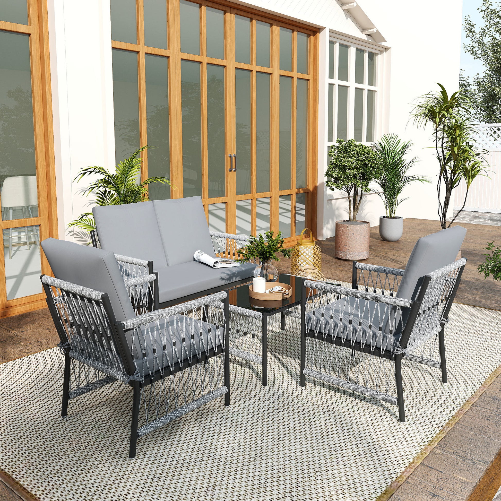Outsunny 4 Piece Rattan Garden Furniture Set, 4 Seater Wicker Patio Conversation Set with 2 Armchairs, Loveseat, Glass Top Coffee Table and Cushions for Outdoor, Balcony, Grey
