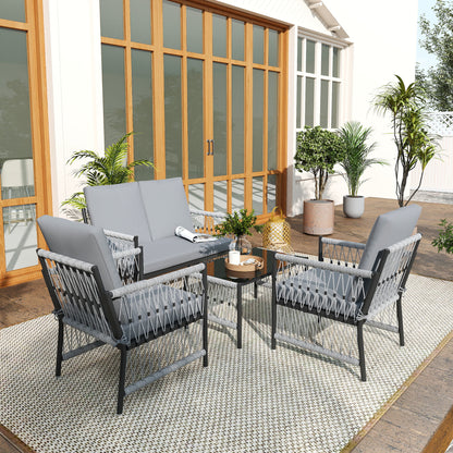 Outsunny 4 Piece Rattan Garden Furniture Set, 4 Seater Wicker Patio Conversation Set with 2 Armchairs, Loveseat, Glass Top Coffee Table and Cushions for Outdoor, Balcony, Grey