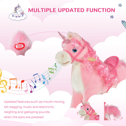 HOMCOM Kids Unicorn Plush Rocking Ride On w/ Sound Pink