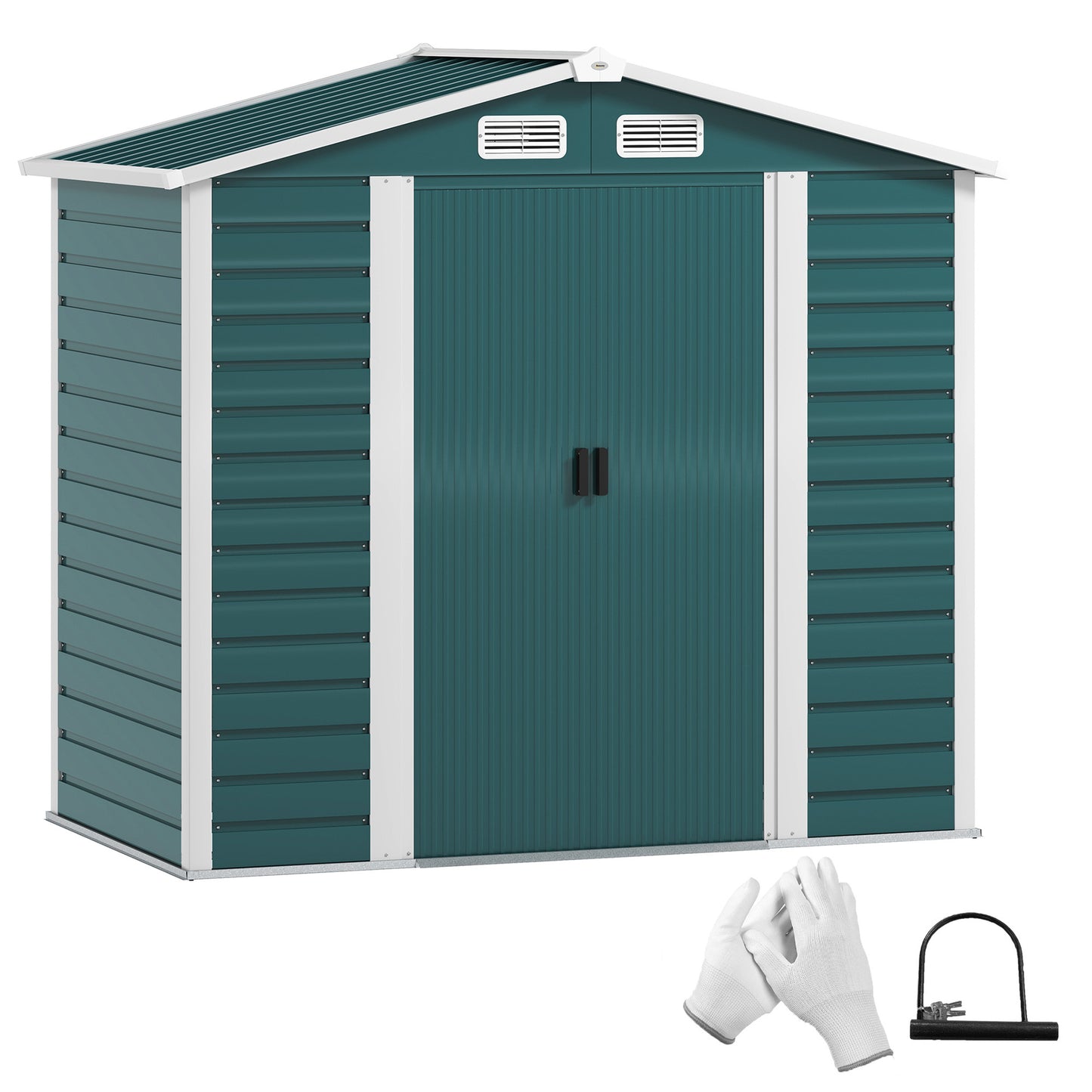 Outsunny 7 x 4ft Garden Shed, Easy to Assemble, Upgraded Galvanised Steel Frame with Foundation Kit, Double Doors with Lock, Outdoor Metal Shed with Vents and Gloves, Garden Storage Shed, Green
