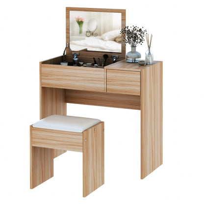 HOMCOM Chipboard Dressing Table Set Cushioned Stool Flip-up Mirror Drawer Wood Grain Colour