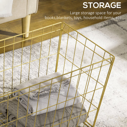 HOMCOM Side Table Set of 2 with Wire Storage Basket, End Tables Coffee Tables with Faux Marble Top for Living Room Bedroom, White and Gold