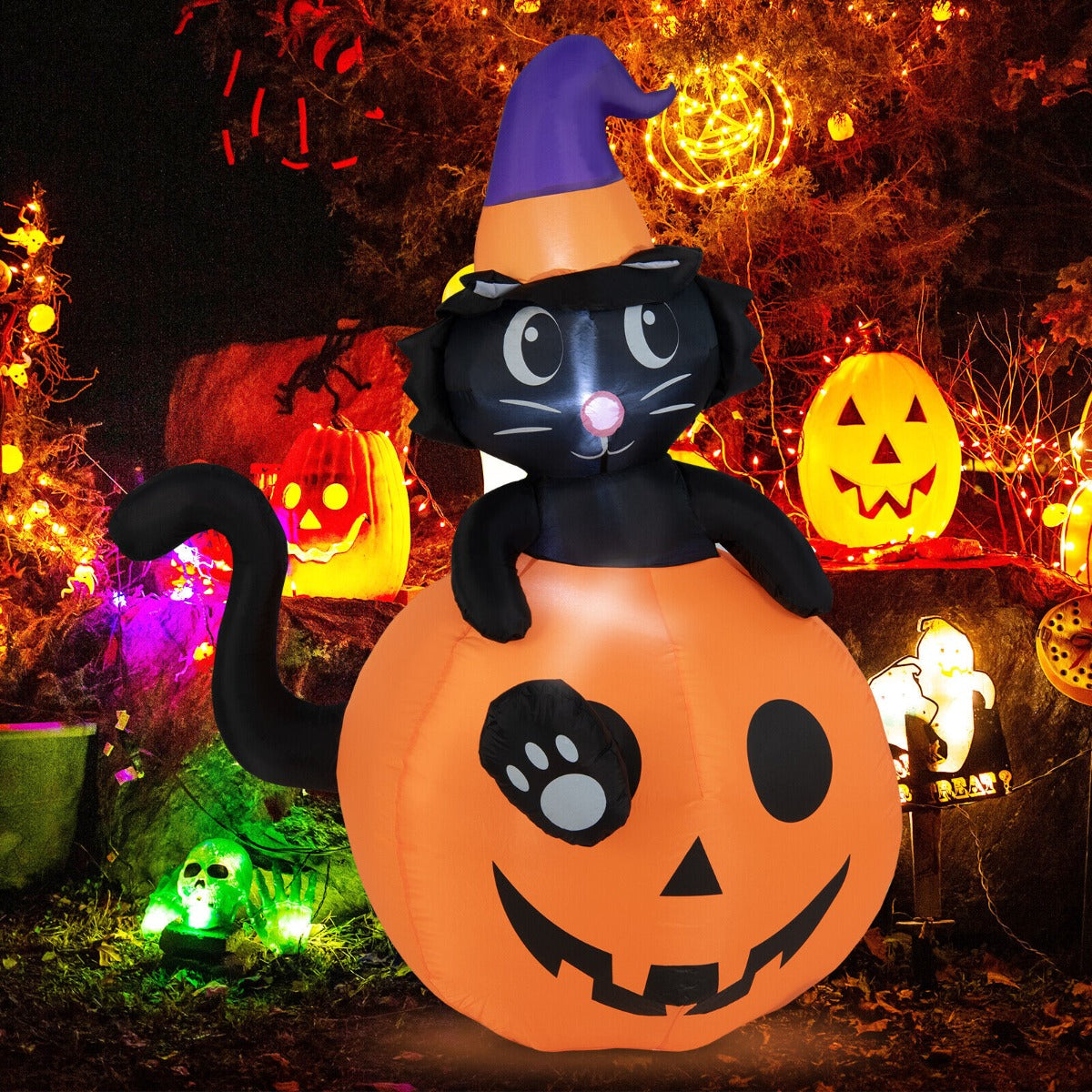Halloween Inflatable Decoration Black Cat with Wizard Hat Sitting in Pumpkin