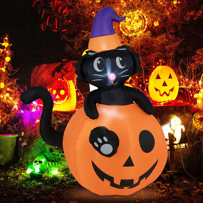 Halloween Inflatable Decoration Black Cat with Wizard Hat Sitting in Pumpkin