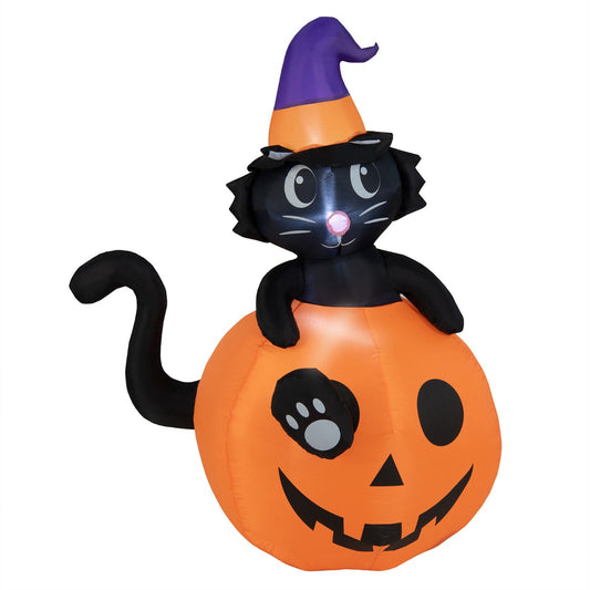 Halloween Inflatable Decoration Black Cat with Wizard Hat Sitting in Pumpkin