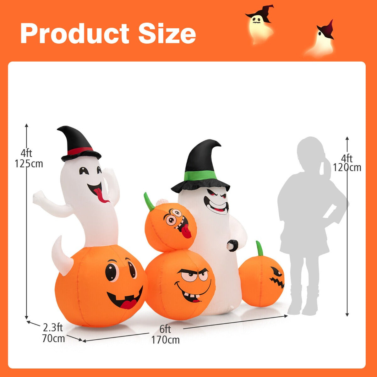Halloween Inflatable Decoration 4 Pumpkins 2 Witch Hat Ghosts Combo?170CM Long