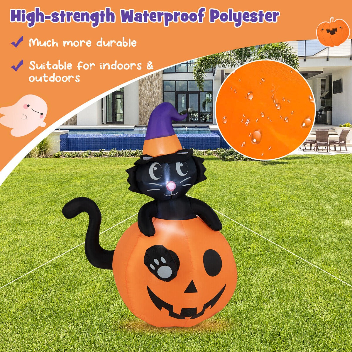 Halloween Inflatable Decoration Black Cat with Wizard Hat Sitting in Pumpkin