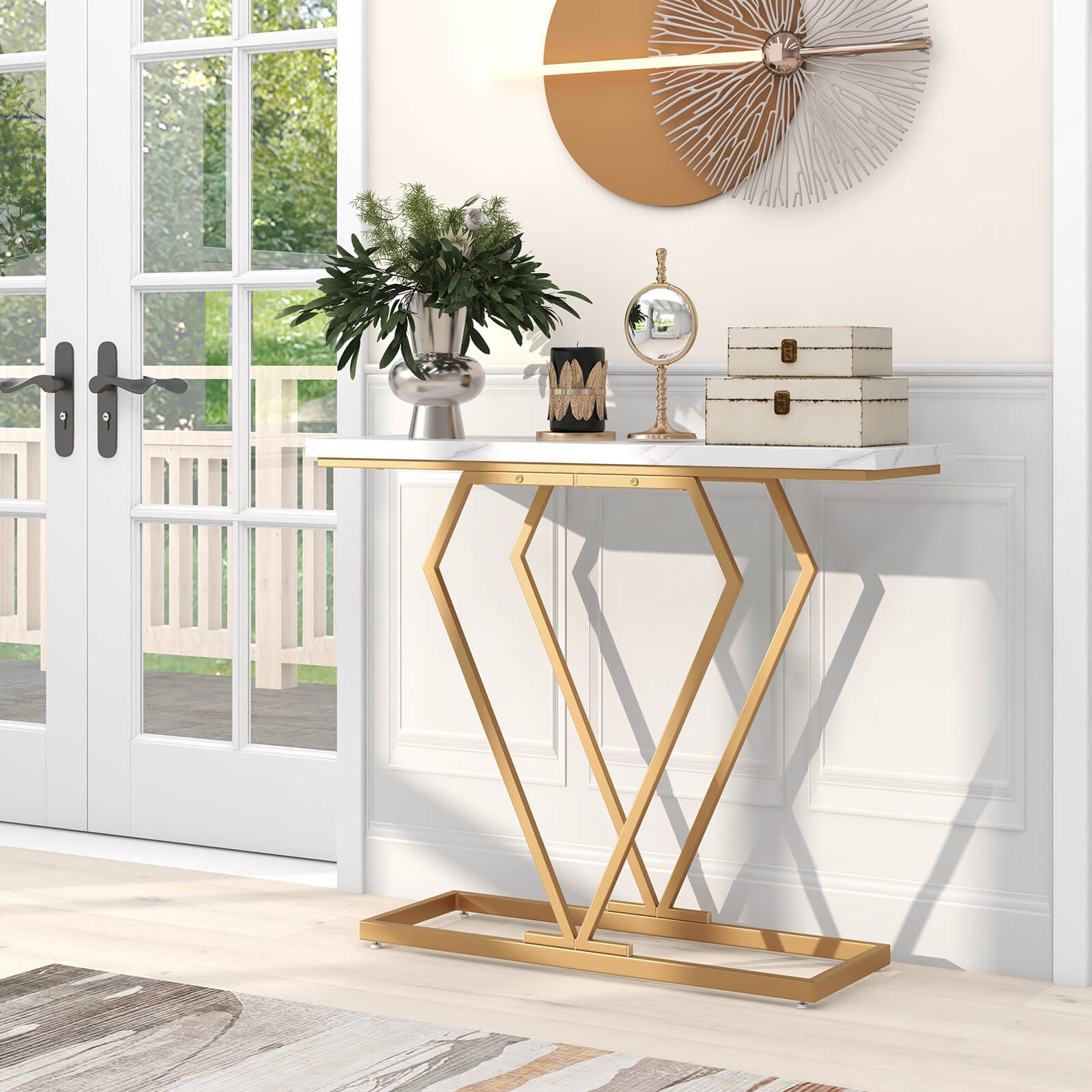 100 cm Gold Console Table with Diamond Shape Geometric Frame-White & Golden