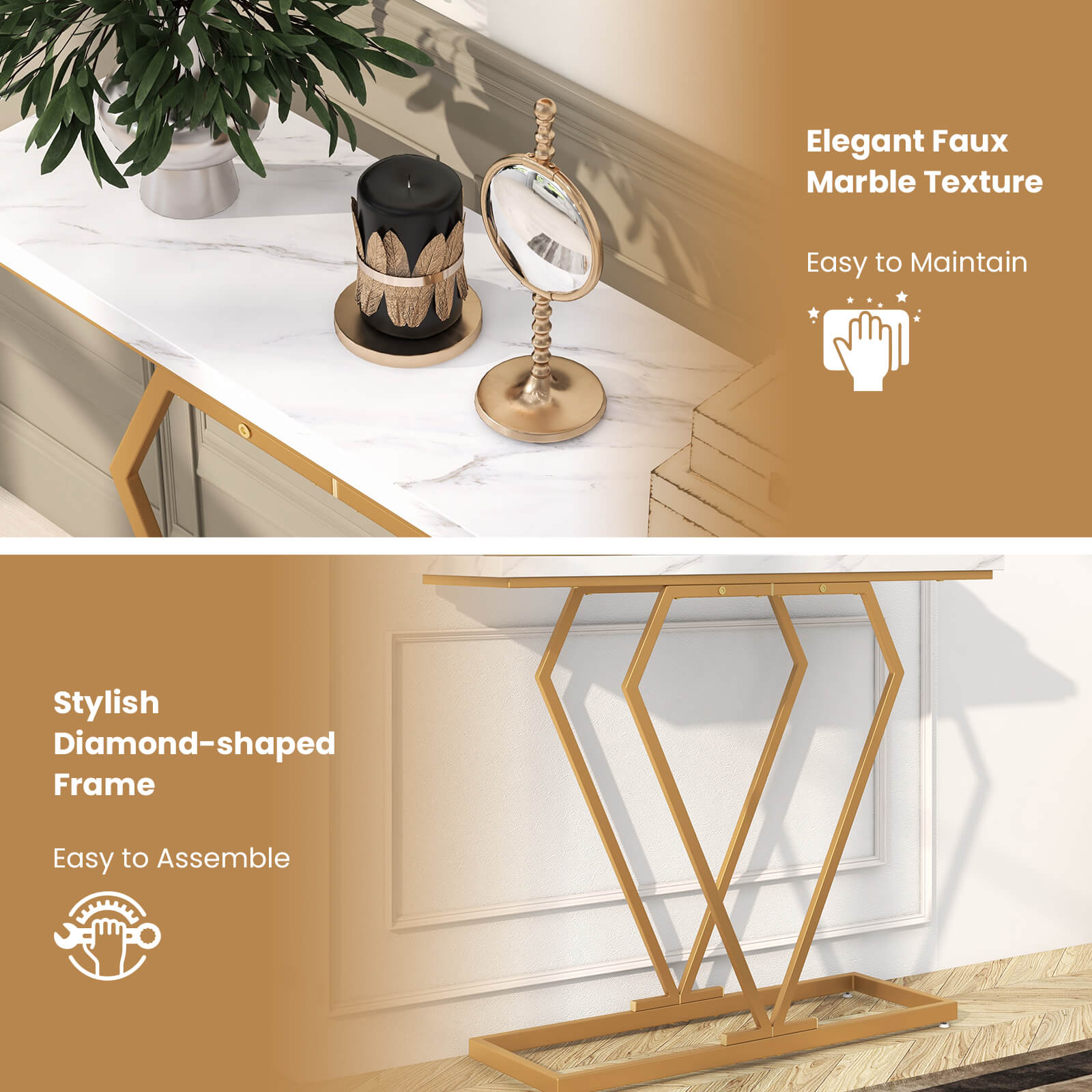 100 cm Gold Console Table with Diamond Shape Geometric Frame-White & Golden
