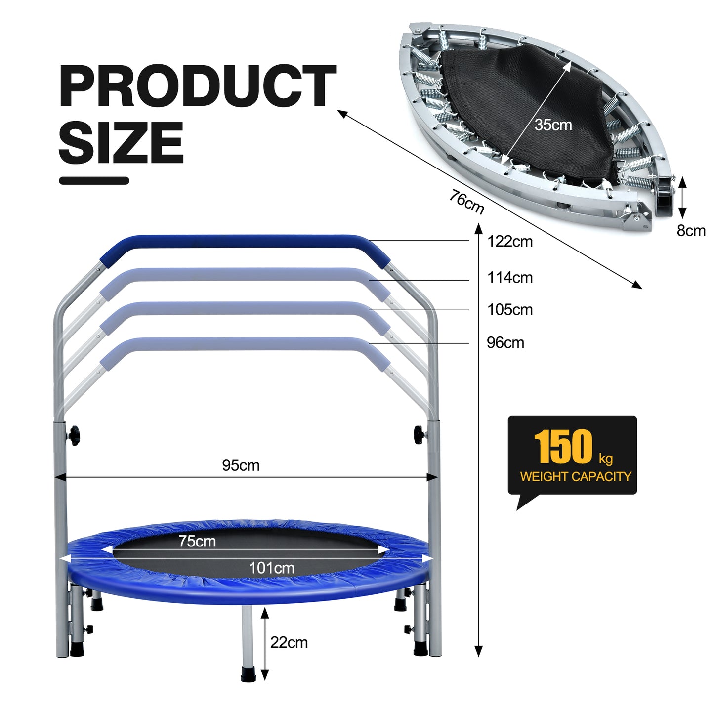 101cm Foldable Trampoline with 4-Level Adjustable Handle for Adults-Blue