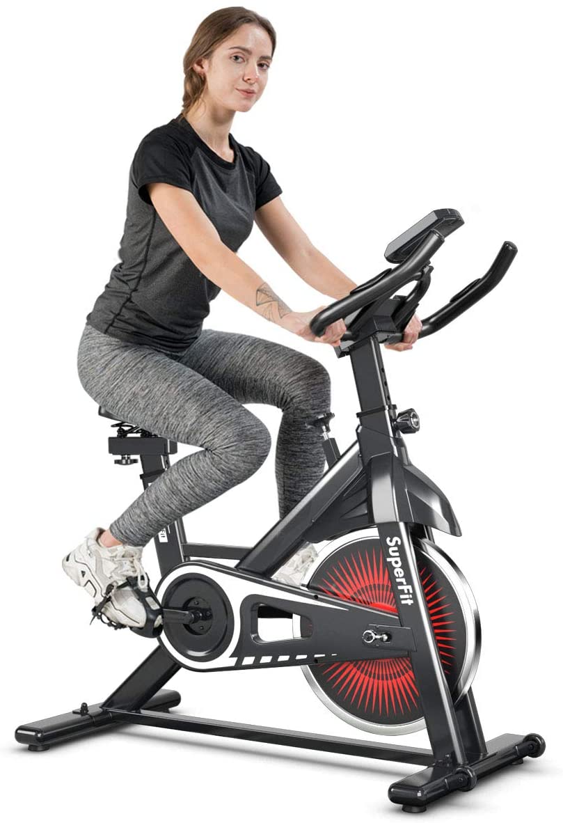 Indoor Cycling, Spinning Bicycle with Adjustable Seat and Handlebar, Phone Holder, LCD Heart Rate Monitor-White