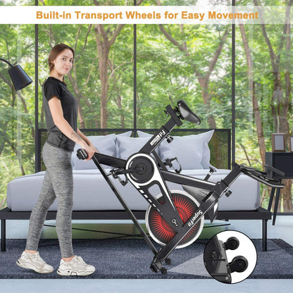 Indoor Cycling, Spinning Bicycle with Adjustable Seat and Handlebar, Phone Holder, LCD Heart Rate Monitor-White